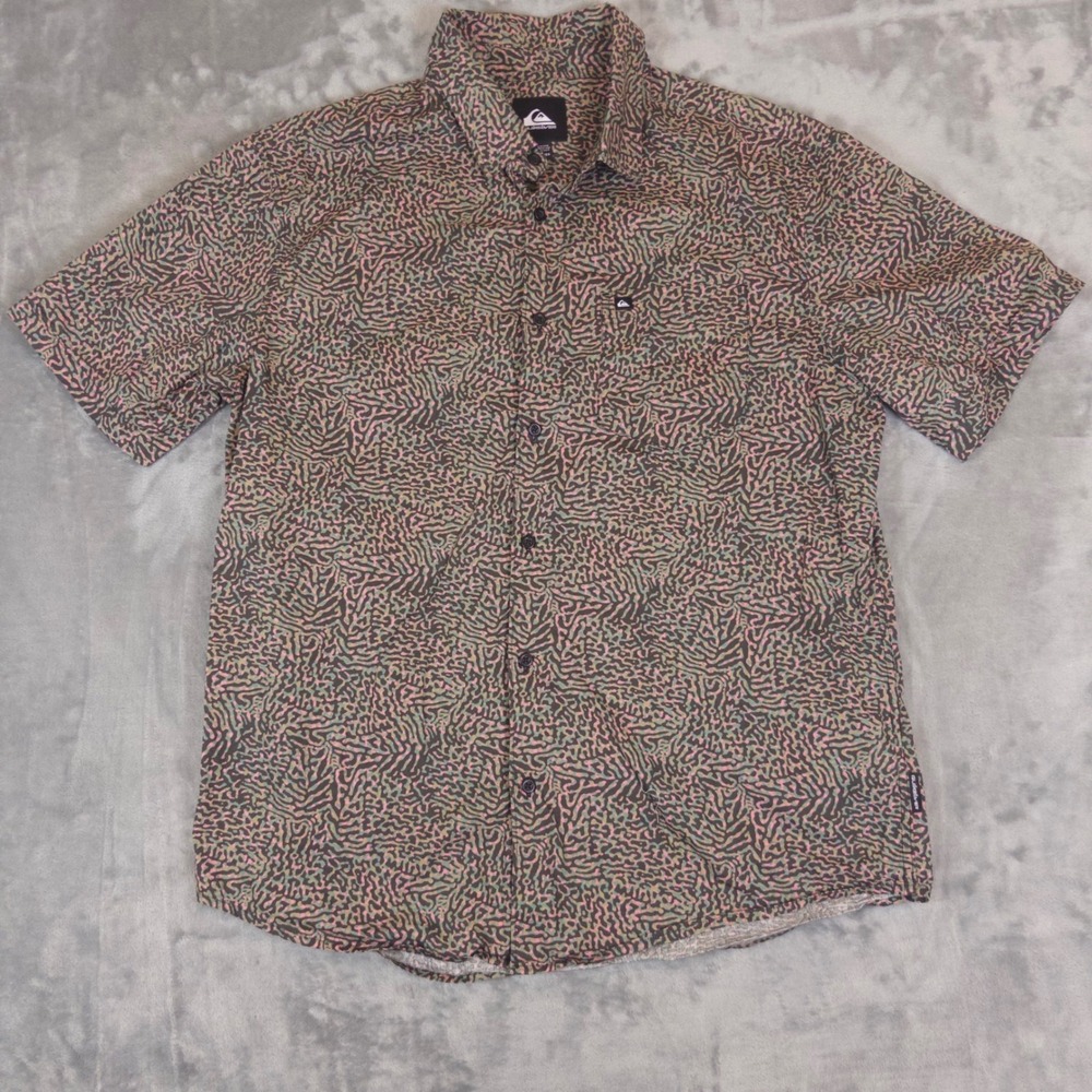 Quiksilver Button Down Shirt Mens XL Green Pink Abstract Print Short Sleeve Surf